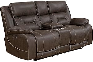Steve Silver Co Aria Power Upholstered Loveseat, 2 USB Ports, Memory Foam Seating, Powered Headrest and Footrest, w/Console, Cup Holders, Living Room, 43" D x 77" W x 43" H, Brown