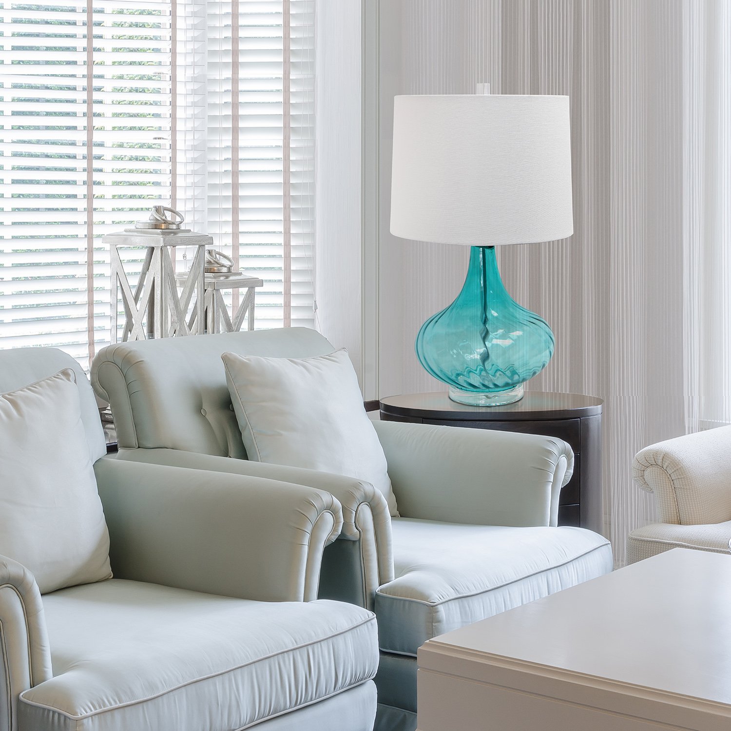 Elegant Designs LT3214-BLU Glass Fabric Shade Table Lamp, Light Blue