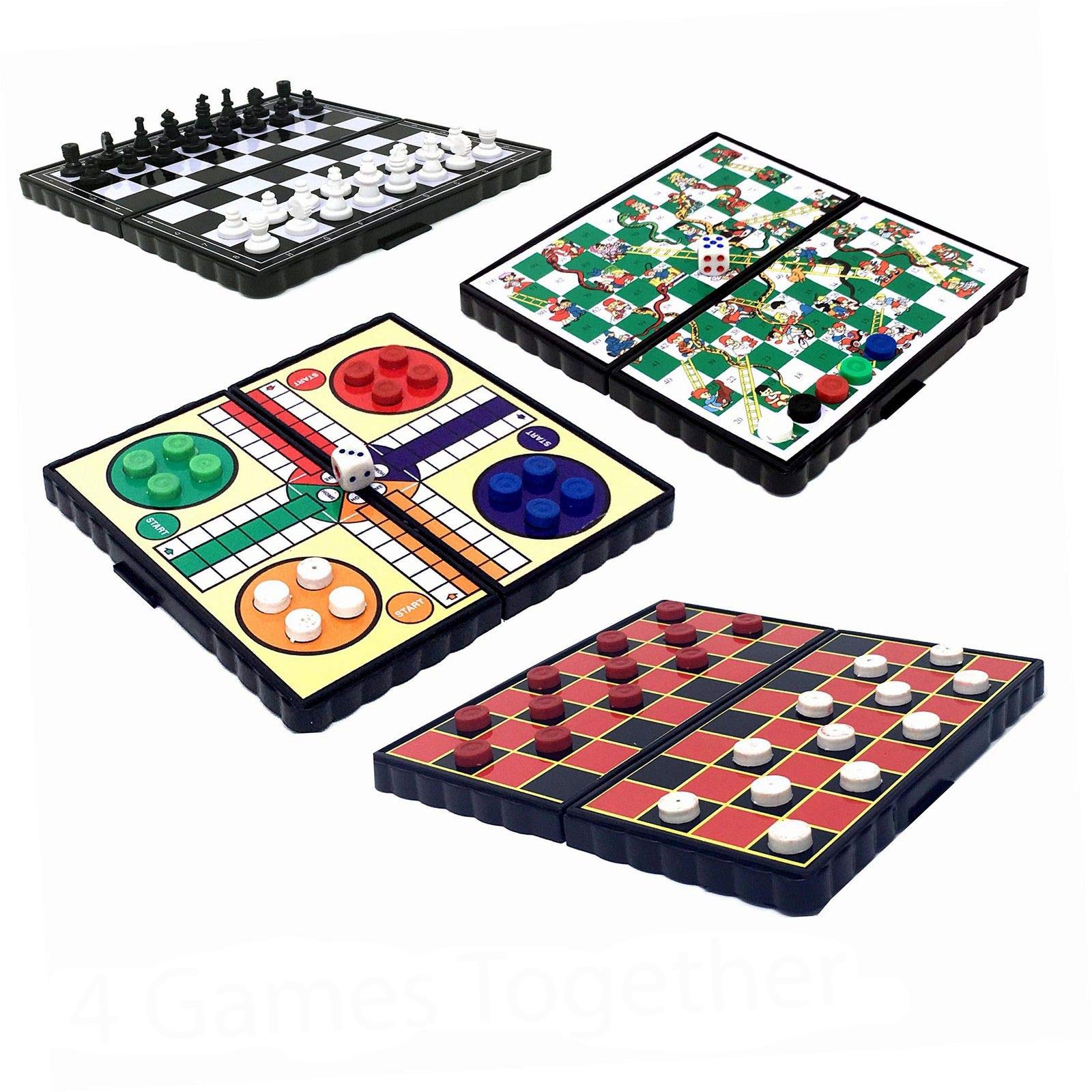 4 Magnetic Miniature Travel Board Games Ideal Road Trip Entertainment Chess Draughts Ludo Snakes and Ladders Foldable Easy to Store Away Individually Boxed Great Gift for Kids