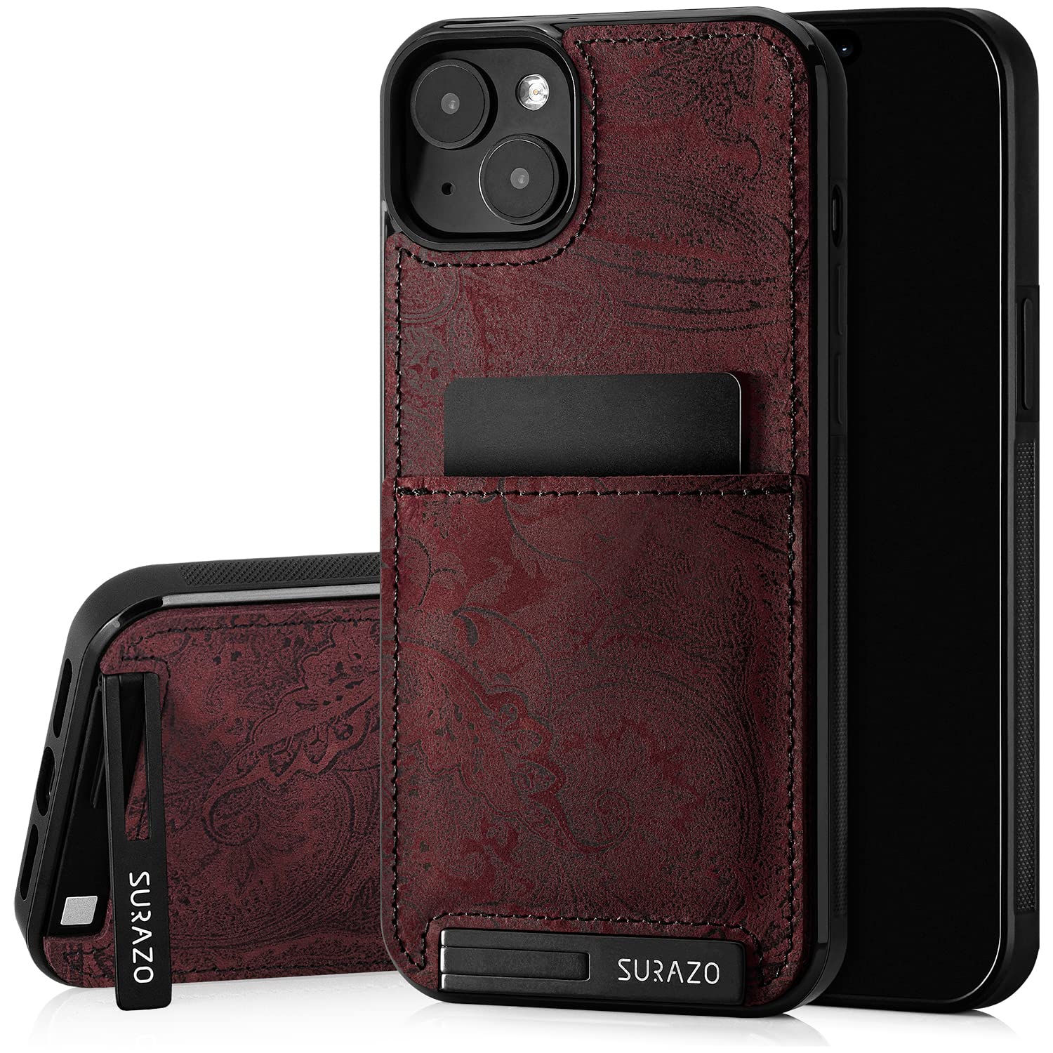 SURAZO Genuine Leather Back Case for Apple iPhone 15 Plus Case - Shockproof Leather Mobile Phone Case Cover with [Card Slot, Stand Function, Keychain] Floral Slim Bumper Protective Case (Ornament — image 1
