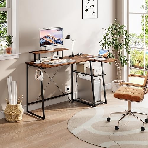 Dripex L Shaped Computer Desk with 2-Tier Storage Shelves, Corner Desk with Power Outlets, USB Charging Ports & Tablet Slot, Modern Work Study Table for Home Office, Rustic Brown