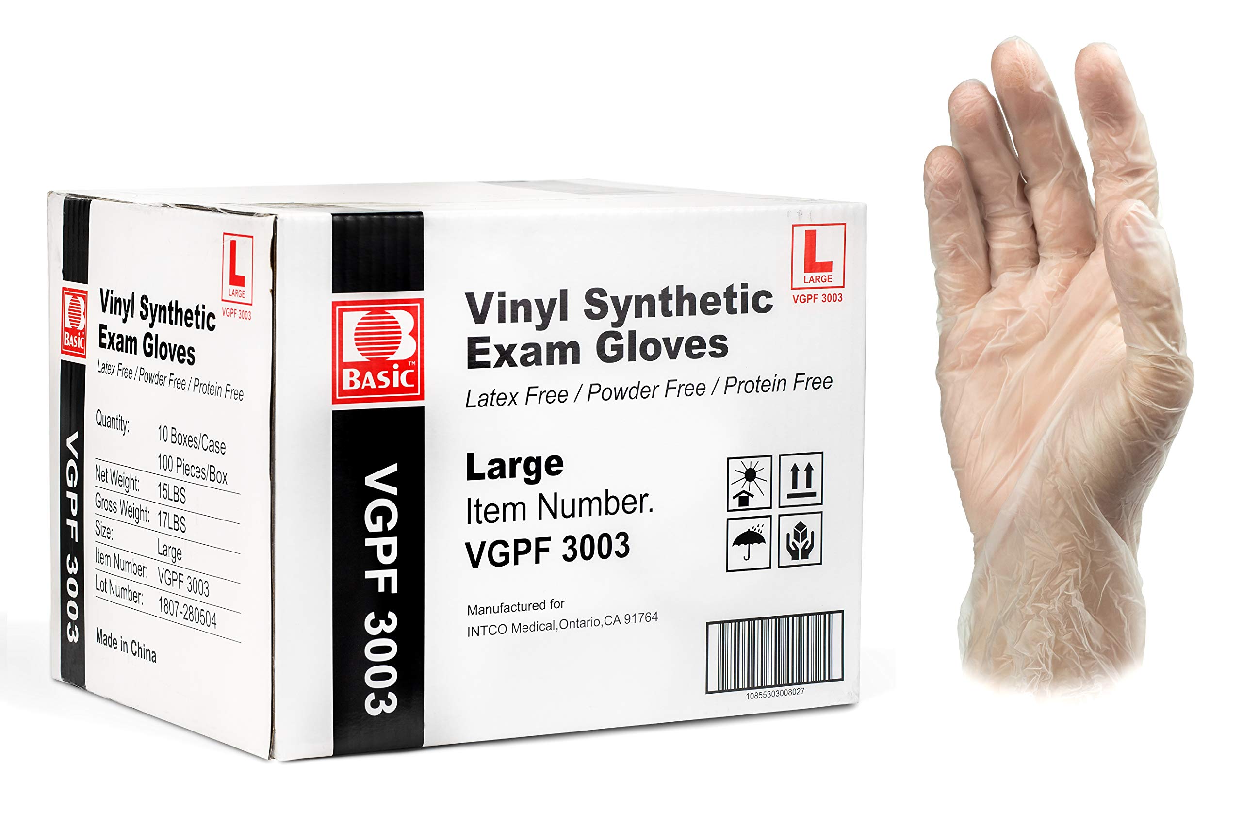 Basic Medical Clear Vinyl Exam Gloves - Latex-Free & Powder-Free, Large, VGPF-3003 (Case of 1,000) Image