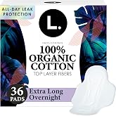 L. Ultra Thin Pads for Women, Organic Cotton Top Layer, Overnight Absorbency, Menstrual Pads with Wings, 36 Count
