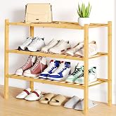 smiry Shoe Rack, 3 Tier Bamboo Shoe Organizer, Stackable Free Standing Wooden Shoe Storage Shelf for Closet, Entryway, Front 
