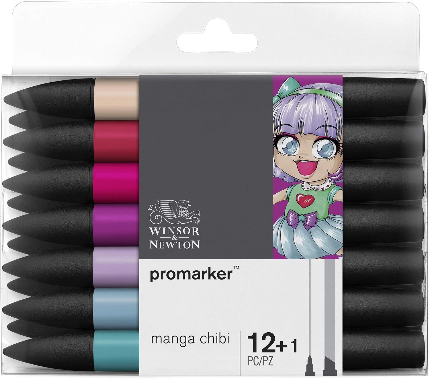 Winsor & Newton, Promarker, Manga Chibi, Set of 12+1 Blender, Alcohol Based Dual Tip Markers, 13 count (Pack of 1)