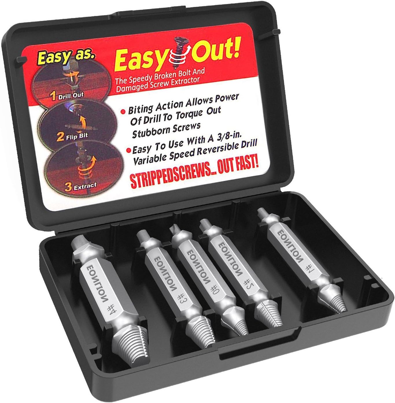 5 Piece Damaged Screw Extractor Set, EONLION Damaged Screw and Bolt Exctractor Set, Easily Remove Stripped Or Damaged Screws. Made from H.S.S. 4341#, the Hardness is 63-65hrc, Set of 5 Screw Removers