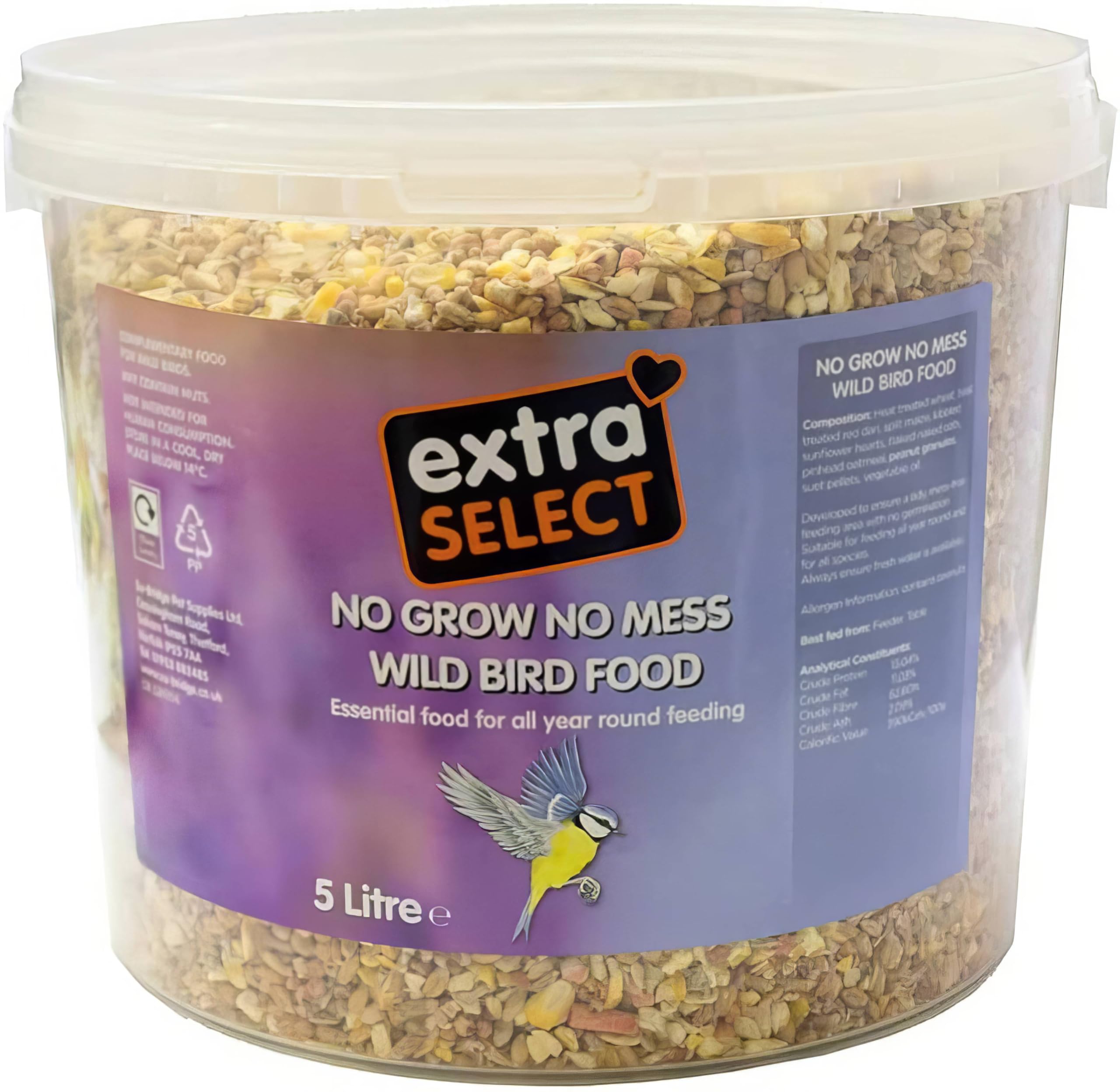 Extra Select No grow Wild Bird Food In Bucket 5 ltr (Pack of 1), packaging may vary