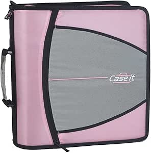 Case-it Dual 2-in1 Zipper Binder 1.5 Inch D-Slant metal rings with boosters, 600 Sheet Capacity, [Light Pink]