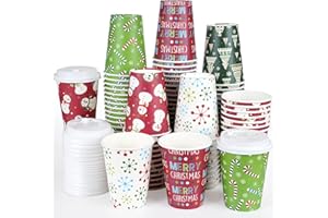 JECTIVS 100Pcs Christmas Coffee Cups with Lids 12 Oz, 5 Style Disposable Cups Merry Christmas Red Green Snowflake Tree Snowman Candy Paper Cups Bulk for Hot Cold Drinks Xmas Holiday Birthday Baby Shower Party