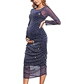 CYCLAMEN 2024 Maternity Mesh Dress Ruched Side Round Neck Pregnancy Dresses Baby Shower Wedding Guest Cocktail Party