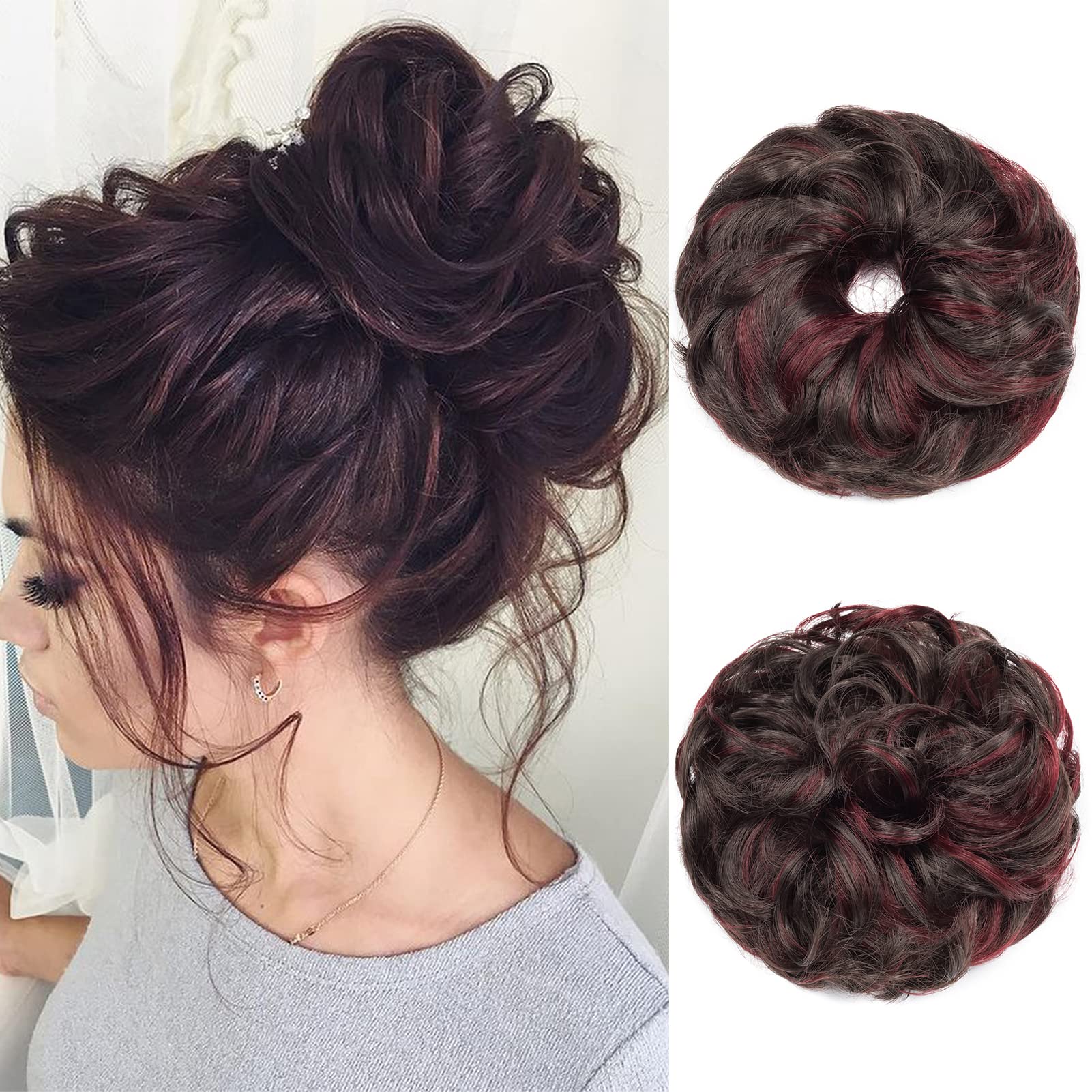 Gairyan Hair Scrunchies Hair Bun Hair Pieces Messy Bun Tousled Updo Curly Donut Hair Chignon Wavy Ponytail Hair Pieces for Women 40g (Medium Brown - Wine Red)