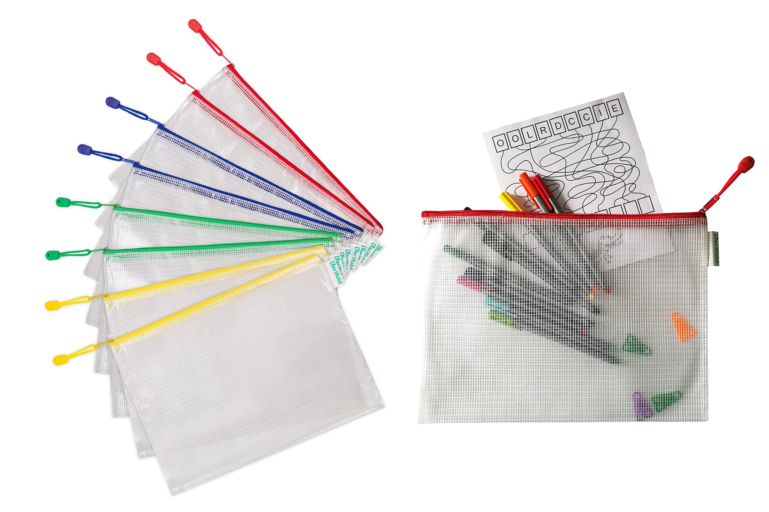 Tarifold ES 509019 - Pack of 12 A4 Mesh Zipper File Bags, A4 Plastic Waterproof Document Folders, Receipts Stationery Office Travel School, Home, Various Colors