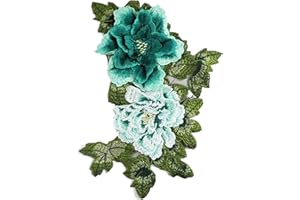 JINMOMOMO Large Embroidered 3D Peony Flowers Leaves Sew Patches Trimmings Applique Wedding Gown Dress Bridal Evening Cheongsam Dress DIY Decoration Craft (Cyan)