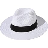 Lanzom Women Wide Brim Straw Panama Roll up Hat Belt Buckle Fedora Beach Sun Hat UPF50+