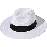 Lanzom Women Wide Brim Straw Panama Roll up Hat Fedora Beach Sun Hat UPF50+