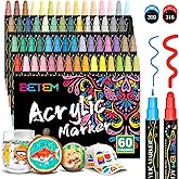 Betem 60 Colors Dual Tip Acrylic Paint Pens Markers, Premium Acrylic Paint Markers Stocking Stuffers for Rock, Wood, Fabric, Glass, Canvas, Ceramic, Christmas Gifts for Teens DIY Crafts Art Supplies