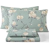 HLC.ME Vintage Green Floral Bed Sheets - 4 Piece Bed Sheet Set - Wrinkle Resistant & Ultra Soft - Fits Mattresses up to 15 Inches Deep (Queen)