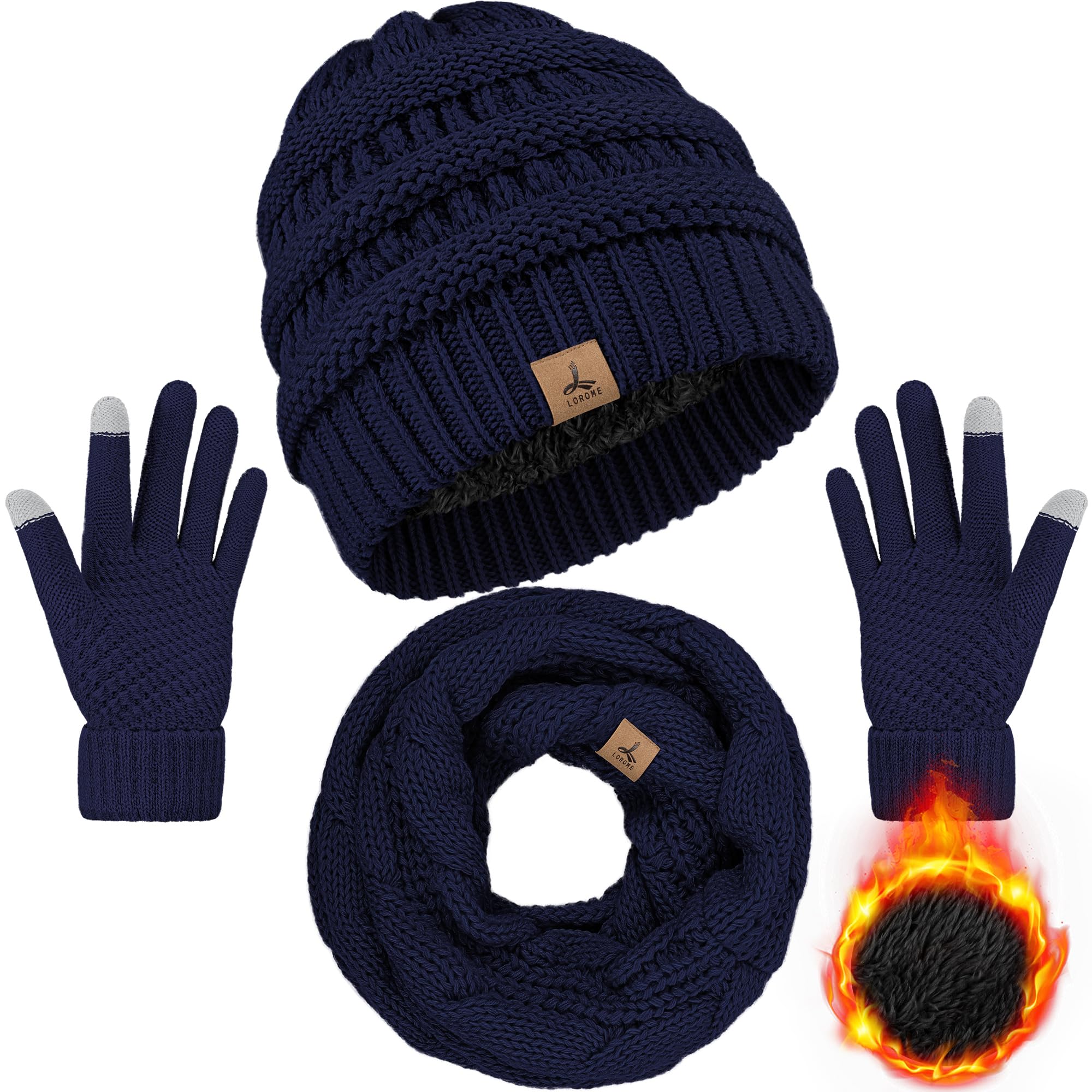 Photo 1 of LOROME Winter Beanie Hat Scarf Gloves, Warm Fleece Knit Winter Hats Touch Screen Gloves Neck Scarf Set Winter Gifts for Women Men