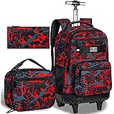 FTJCF 3Pcs Rolling Backpack for Boys, 19 Inche Adults Roller Bag with Wheels, Graffiti Wheeled Bookbag Set for Men(Red)