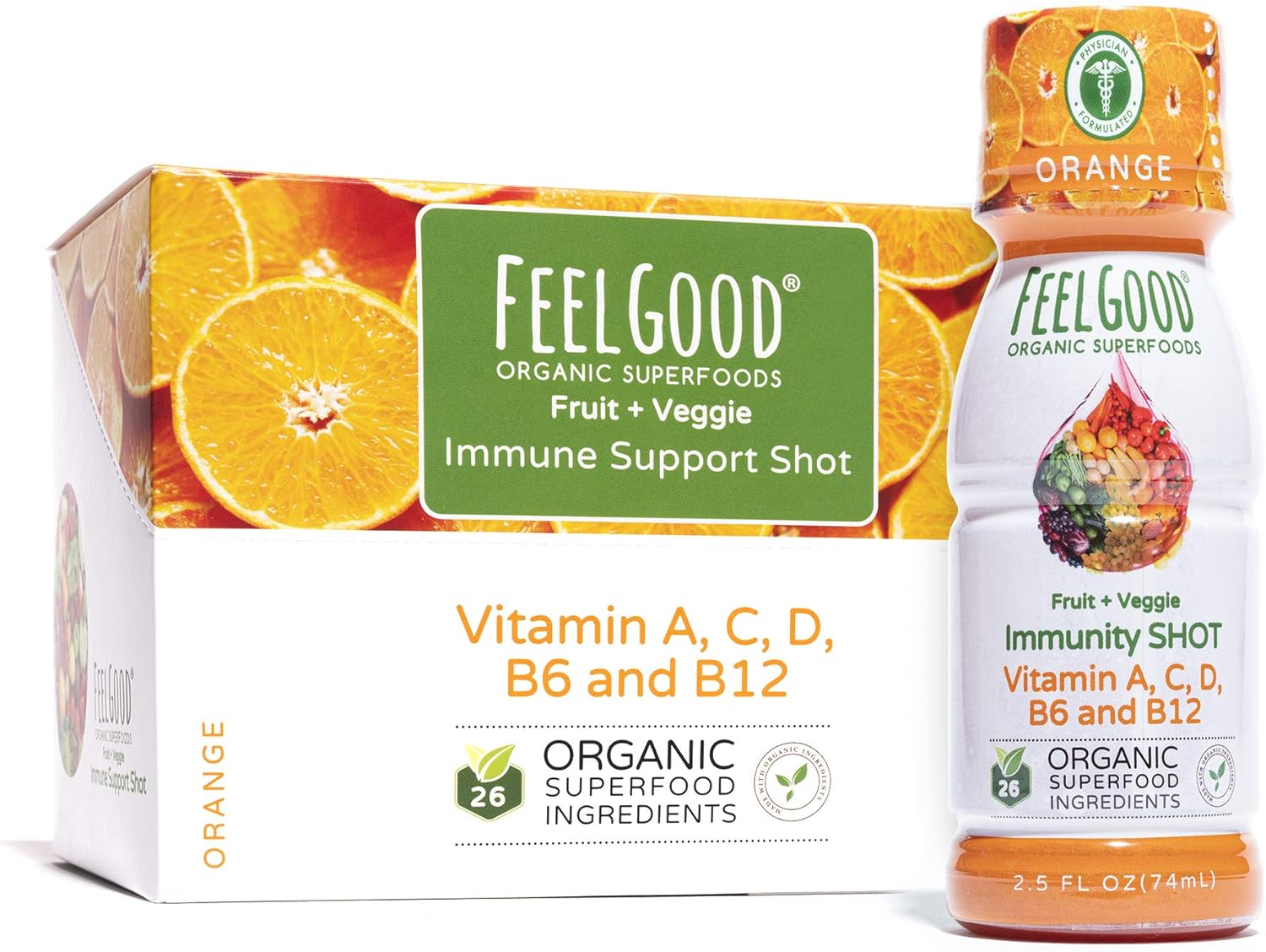 Immune Shot Orange (12 Pack)/by Feel Good Organic Superfoods/Organic, Non-GMO, Gluten Free, Vegan/Support Immune System to Fight viruses and pathogen.: Health & Personal Care