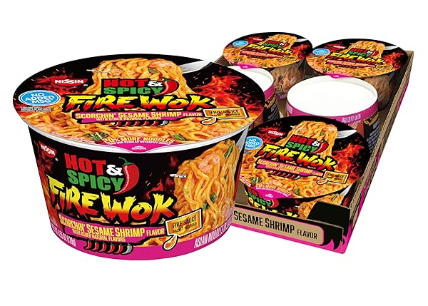 NISSIN HOT & SPICY FIRE WOK, SCORCHIN’ SESAME SHRIMP, 4.55 OUNCE (PACK OF 6)