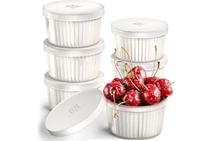 Hatrigo Porcelain Ramekins with Silicone Storage Lids, Set of 6 White Ramekins, 12 oz Oven Safe to 450 deg F, Dishwasher Safe