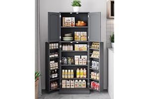 Yusong Tall Kitchen Pantry Storage Cabinet with Doors and Shelves, Wooden Food Pantry Farmhouse Cupboard Freestanding Buffet for Kitchen Dining, Grey