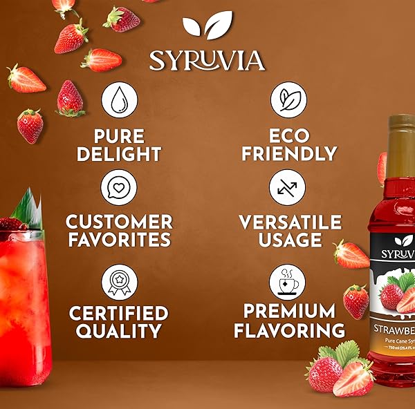SYRUVIA STRAWBERRY SYRUP, FLAVORED SYRUP FOR DRINKS, COCKTAILS, LEMONADES, ICED TEAS, AND DESSERTS – 25.4 FL OZ