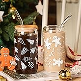 Xelewooz Christmas Cups, 16oz Mugs Mason Jars Glass Cups with Lid and Straw, Tumbler Drinking Glasses, Iced Coffee Tumblers, X-mas Decorations, Gifts for Women Men, Set of 2