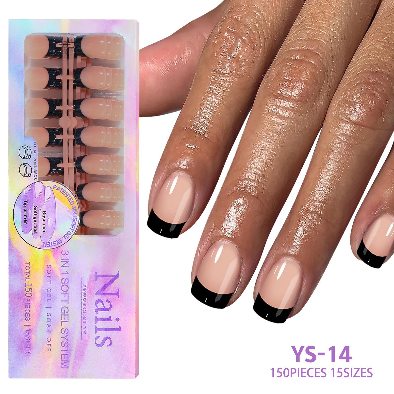 150 Pcs Black French Tip Press on Nails Short Square Fake Nails 3 IN 1 Soft Gel Tip Nails 15 Size Full Cover False Nails X-Coat Nail Tips Kit Short Coffin Acrylic Stick Glue on Nails for Women - Image 5