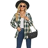 Women's Plaid Flannel Shirts Hoodie Long Sleeve Oversized Shirt Jacket Button Down Blouse Tops
