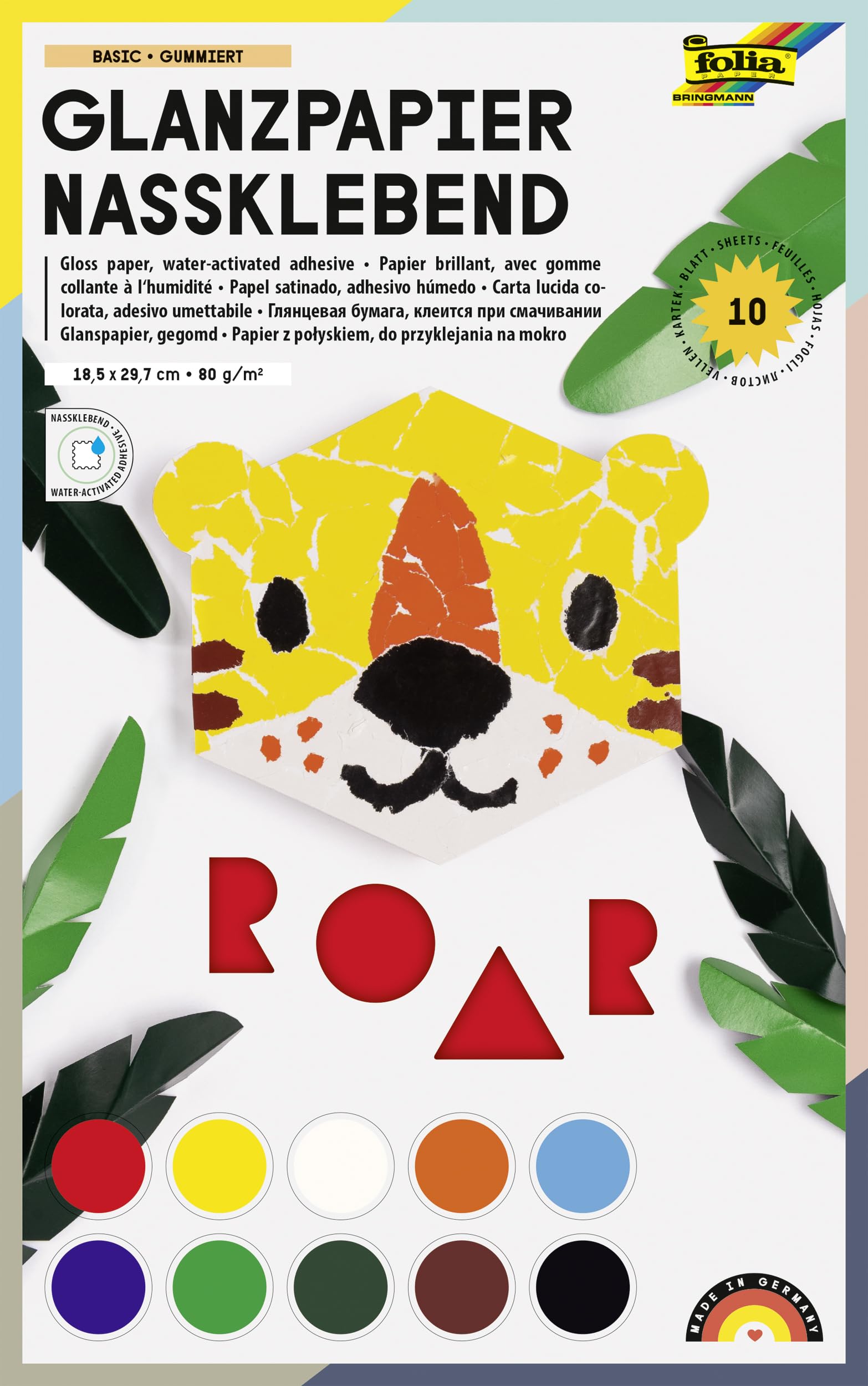 folia 750 Folder with Assorted Coloured Paper, Gummed, 10 Sheets, 80 g/m², Approx. 18.5 x 29.7 cm, Ideal for a Wide Range of Crafts