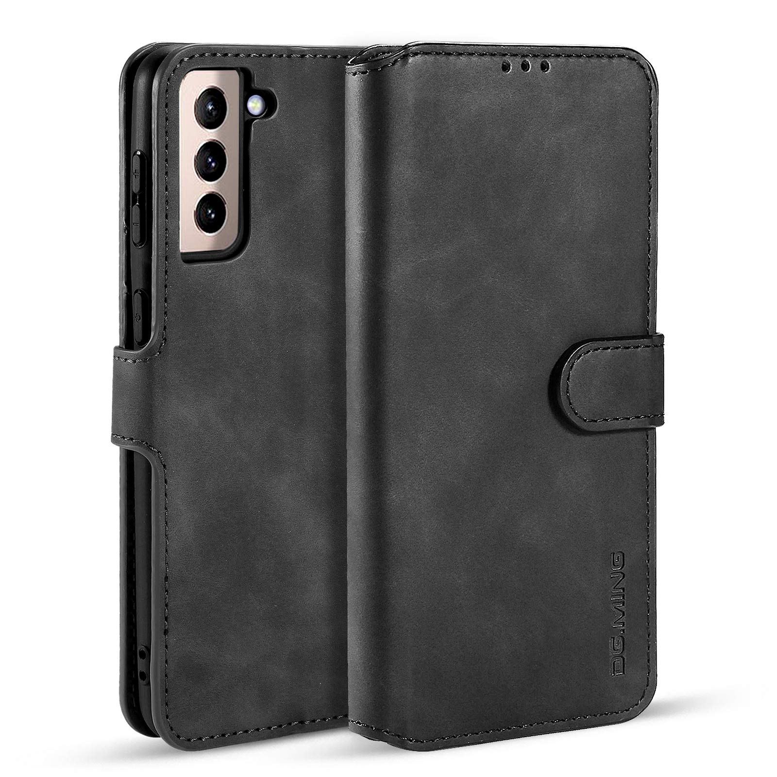 UEEBAI PU Leather Case for Samsung Galaxy S21 5G, Vintage Retro Premium Wallet Flip Cover TPU Inner Shell [Card Slots] [Magnetic Closure] Stand Function Folio Shockproof Full Protection - Black