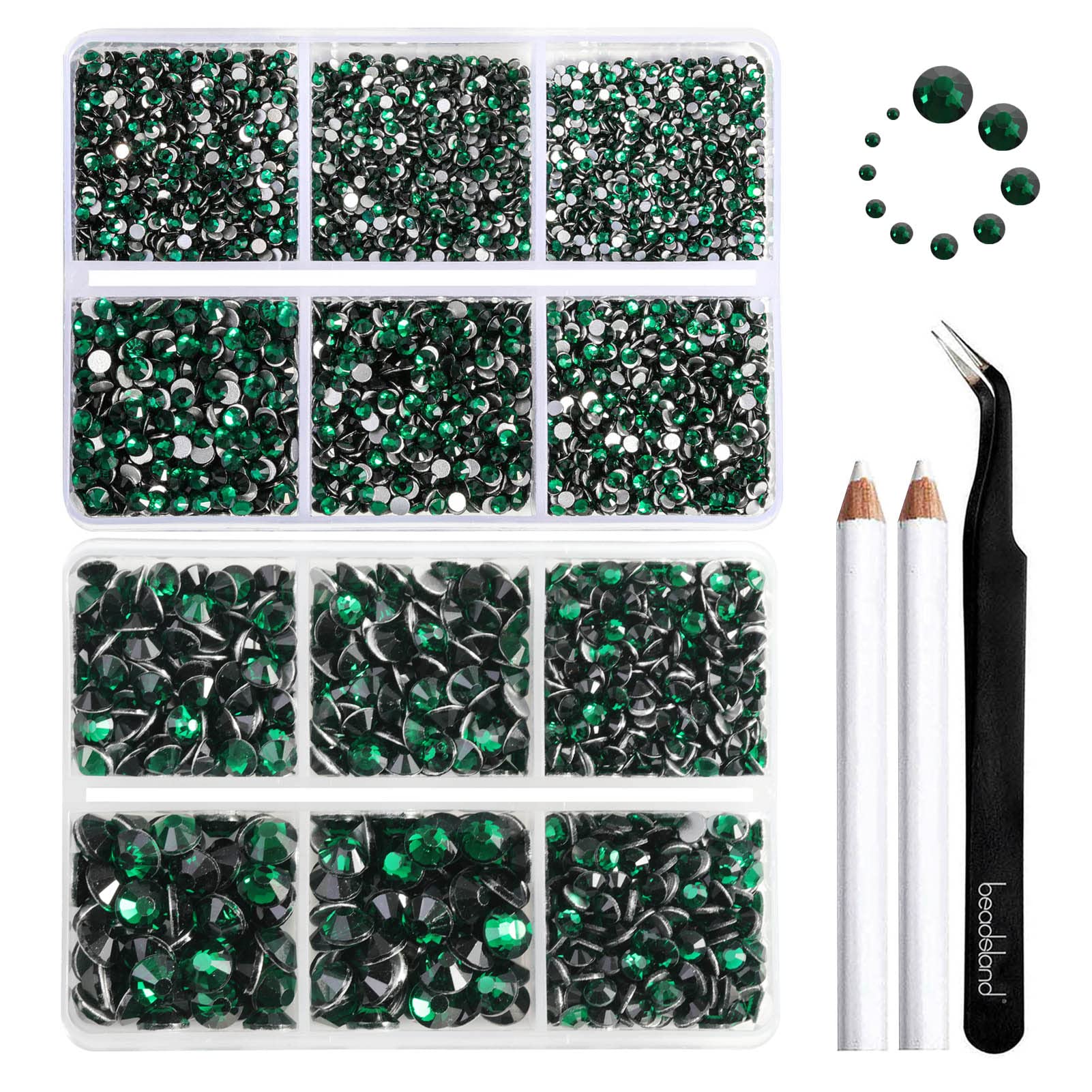 Beadsland 8300PCS Flatback Rhinestones, Green Rhinestone Nail Gems Round Crystal Rhinestones for Crafts, Mixed 10 Sizes with Wax Pencil and Tweezer Kit, SS3-SS30, Emerald