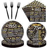 Refavor 75th Birthday Decorations for Men Women, 96PCS Back in 1951 Birthday Party Plates and Napkins Forks Supplies, Black and Gold Birthday Disposable Party Tableware Decor (24 Guests)