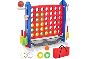 PEAKPURSUIT Giant 4-to-Score Game Set, 3-Level Height Adjustable Jumbo 4-in-a-Row Game with Quick-Release Slider, Mini Basketball, Golf & Ring Toss Set for Family Party, Outdoor & Indoor