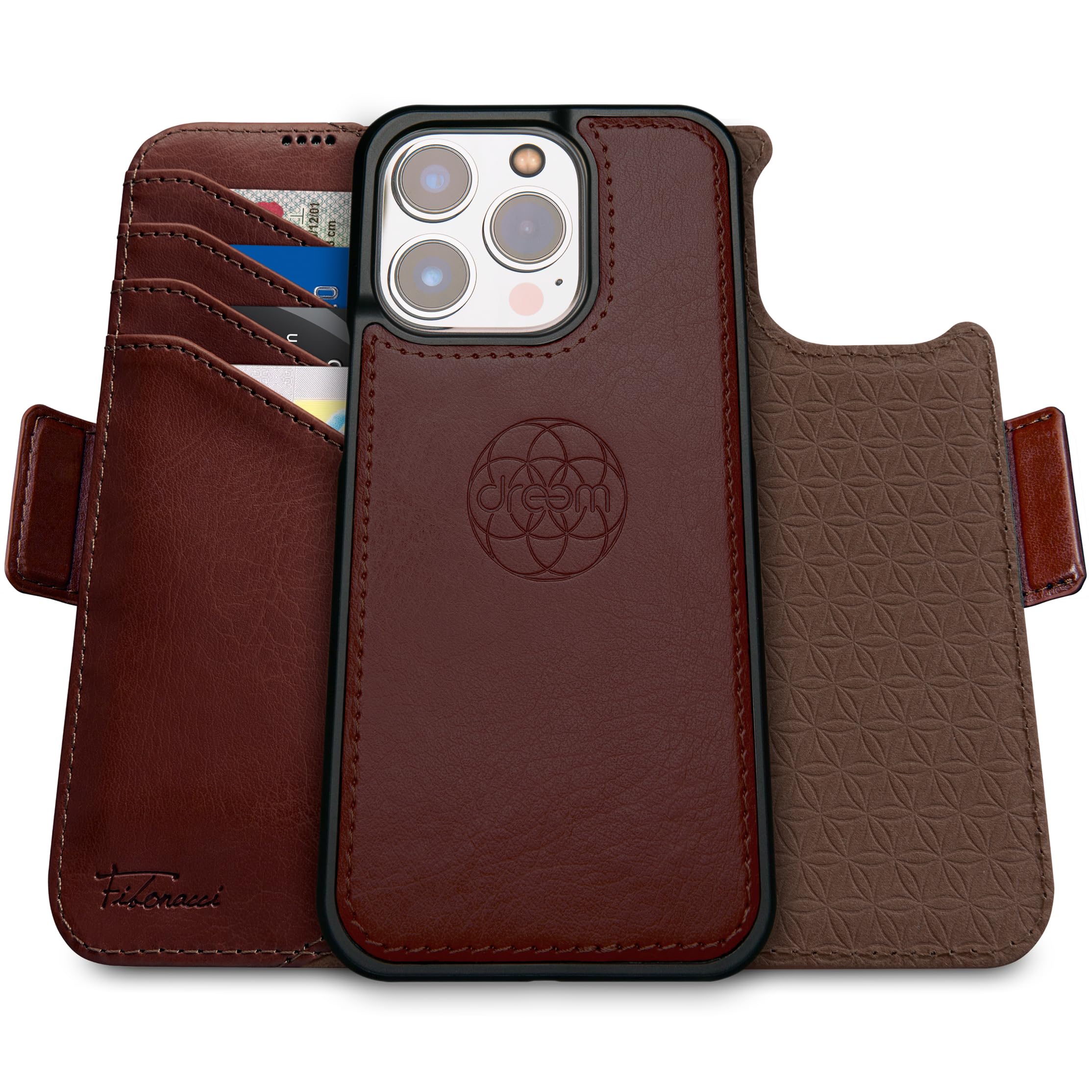 dreem Wallet Case for iPhone 15 Pro Max, Revolutionary Vert/Hor Phone Stand, Magnetic Detachable Vegan Leather Flip Cover RFID Blocking Card Holder, MagSafe-Fit, Gift Box [Fibonacci: Coffee] — image 1