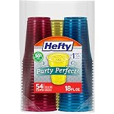 Hefty Party Perfect Tinted Plastic Cups, Red, Blue, Yellow, 18oz, 54ct | Tinted Disposable Party Cups, 3 Bright Translucent Colors, Made with Recycled Materials, Great for Fun Parties and Gatherings