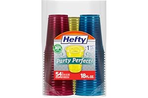Hefty Party Perfect Tinted Disposable Plastic Cups, Red, Blue, and Yellow Plastic Cups, Perfect Party Cups for Easy Cleanup and Large Gatherings, 18 Ounce, 54 Count