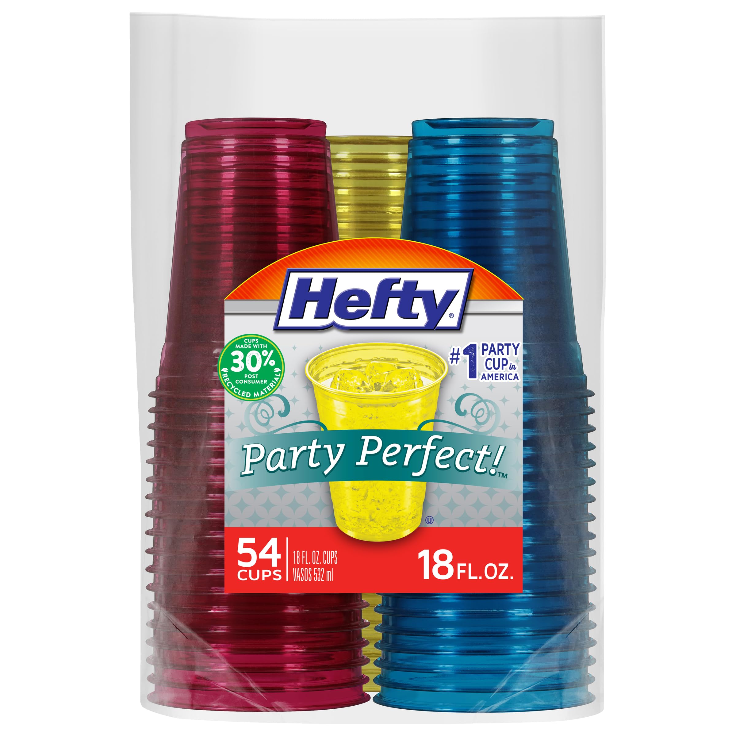 Photo 1 of Hefty Party Perfect Tinted Disposable Plastic Cups, Red, Blue, and Yellow Plastic Cups, Perfect Party Cups for Easy Cleanup and Large Gatherings, 18 Ounce, 54 Count