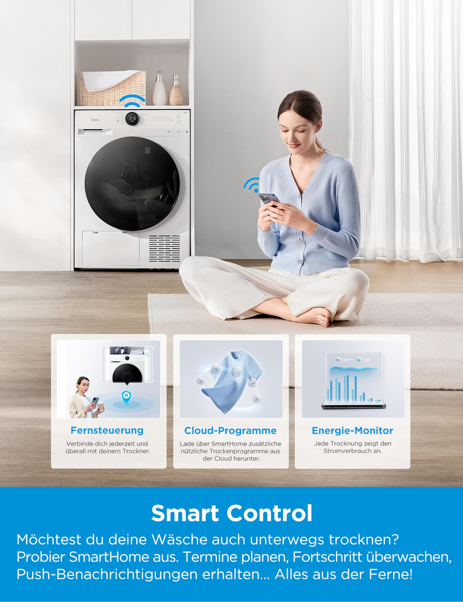 Midea MD20EH80WB-A3 Wärmepumpentrockner, 8 kg, Energieklasse C, UV Hygience, Knitterschutz, Sanfte Pflege, Auto Dry, Wollpflege, Auffrischen, Fernsteuerung, Startzeitvorwahl, Weiß [Energieklasse C] 6