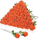 Hoemwarm 36 Pcs Velvet Burnt Orange Artificial Flowers Bouquet, Fake Rose Long Stem Realistic Fall Bridal Shower Decorations Bulk for Halloween Thanksgiving DIY Wedding Ball Arrangement