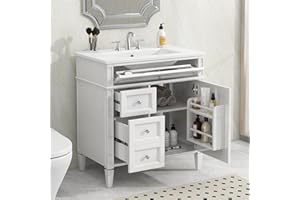 Linique 30" Bathroom Vanity with Sink Combo Set, Solid Wood Frame Modern Bathroom Storage Cabinet with 2 Drawers and a Tip-Out Drawer, Soft Closing Cabinet Door with Organizer, White