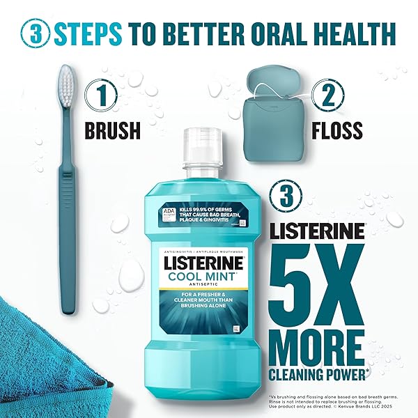 LISTERINE COOL MINT ANTISEPTIC MOUTHWASH, DAILY ORAL RINSE KILLS 99% OF GERMS THAT CAUSE BAD BREATH, PLAQUE AND GINGIVITIS FOR A FRESHER, CLEANER MOUTH, COOL MINT FLAVOR, 1.5 L