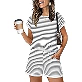 WIHOLL Two Piece Sets for Women Summer Lounge Short Sets Cap Sleeve Crew Neck Sweatsuit with Pocket XS-2XL