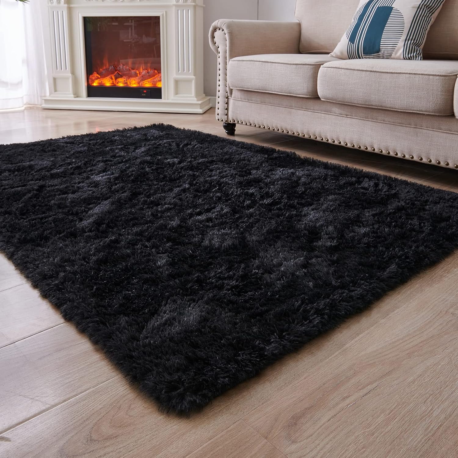 Kids' Room Décor - ANVARUG Modern Plush Area Rug 8x10 Ultra Soft Faux Fur Rugs, Non-Skid Bedroom Rugs for Kids Playroom Home Decor, Black