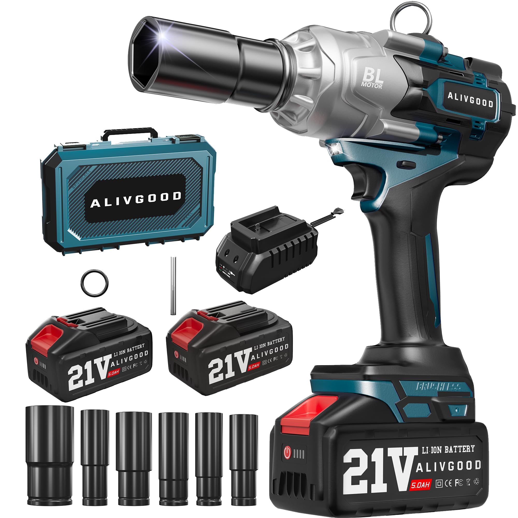 Photo 1 of Upgrade 1300N.m/1000Ft-lbs Cordless Impact Wrench, 2x 5.0AH Battery, 1/2 Inch Electric Impact Gun, Fast Charger, Power Impact Wrench for Truck RV Heavy-duty with 5 Sockets(17mm,19mm,21mm,24mm,32mm)