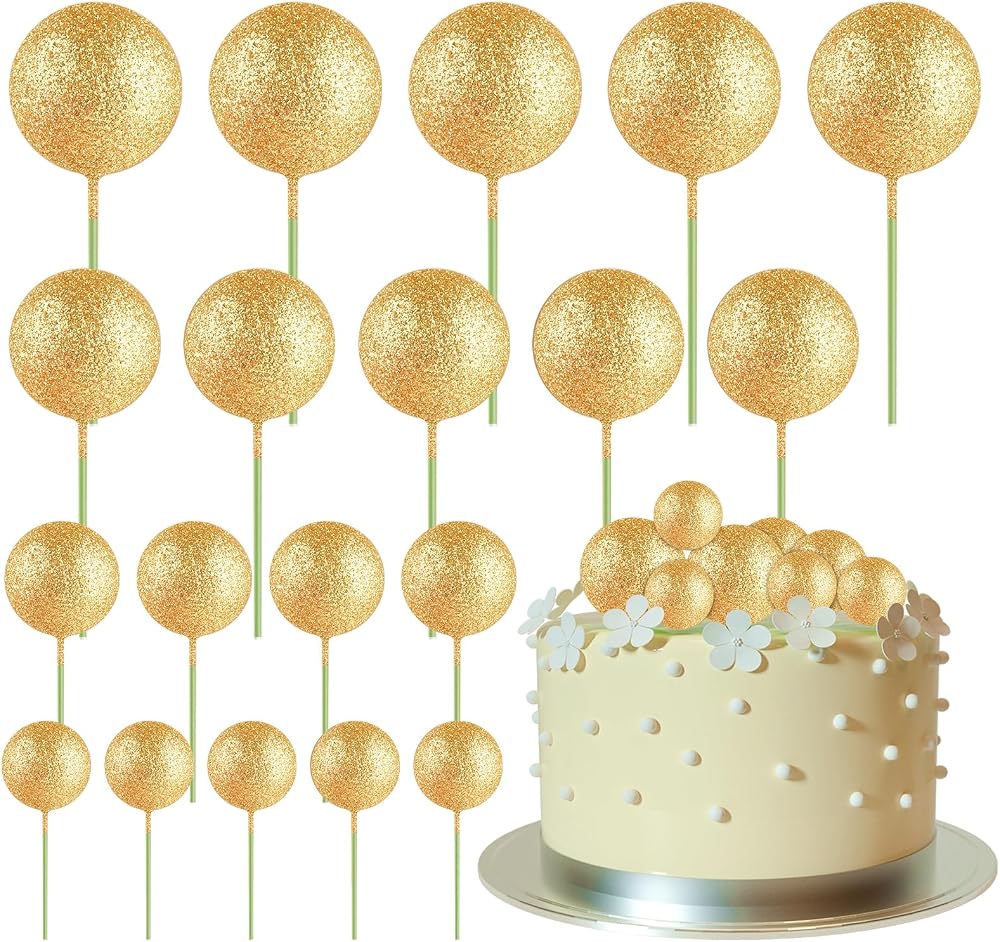 ASTARON 20 Pcs Glitter Gold Ball Cake Topper Decorations 2cm-4cm