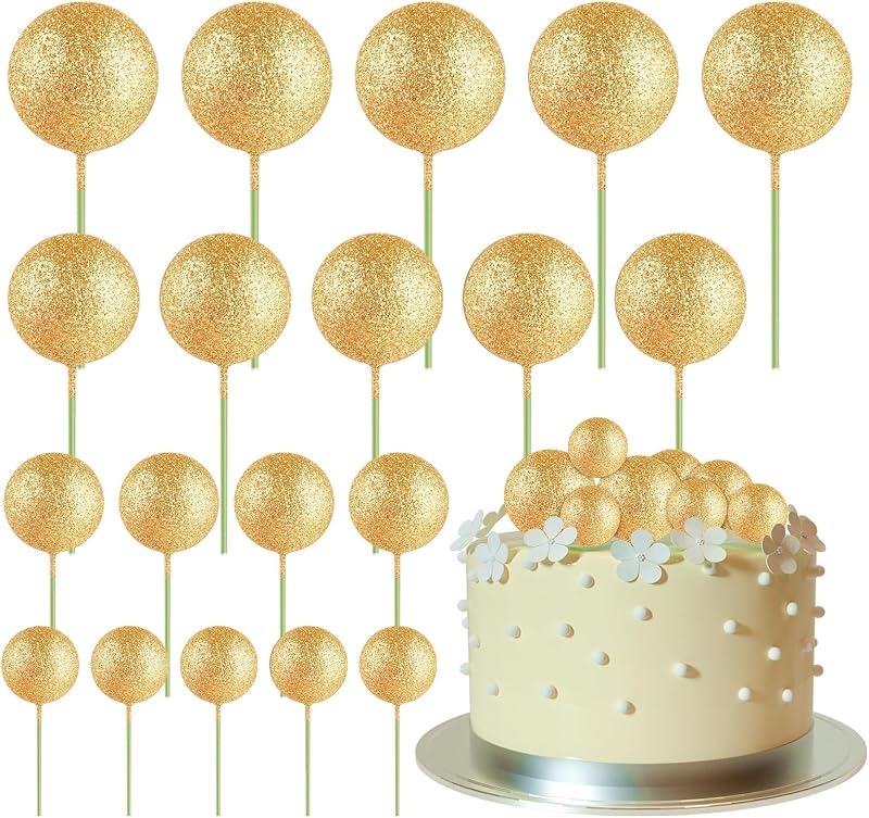 ASTARON 20 Pcs Glitter Gold Ball Cake Topper Decorations 2cm-4cm