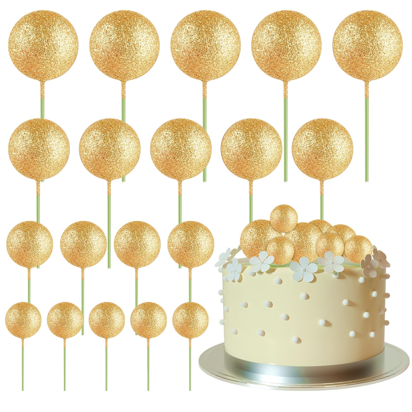 ASTARON 20 Pcs Ball Cake Topper Decorations Mini Balloons Topper Sticks Glitter Gold Balls Cake Decorations for Birthday Party Decoration — image 1